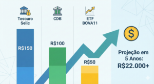 Infográfico mostrando como investir R$300 por mês em Tesouro Selic, CDB e ETF para alcançar mais de R$22 mil em 5 anos